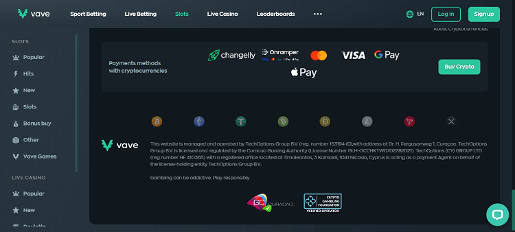 Vave Casino payment page