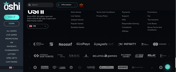 Oshi Casino Payment methods