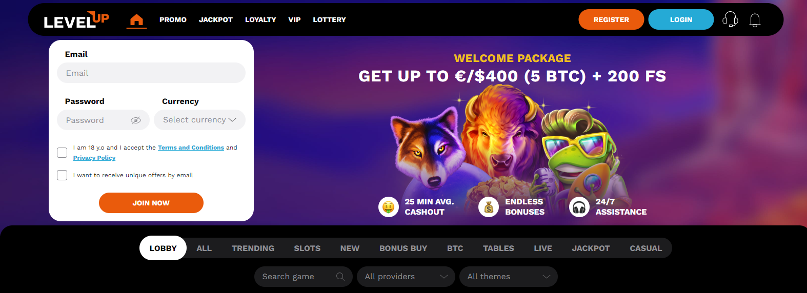 LevelUp Casino Home Page