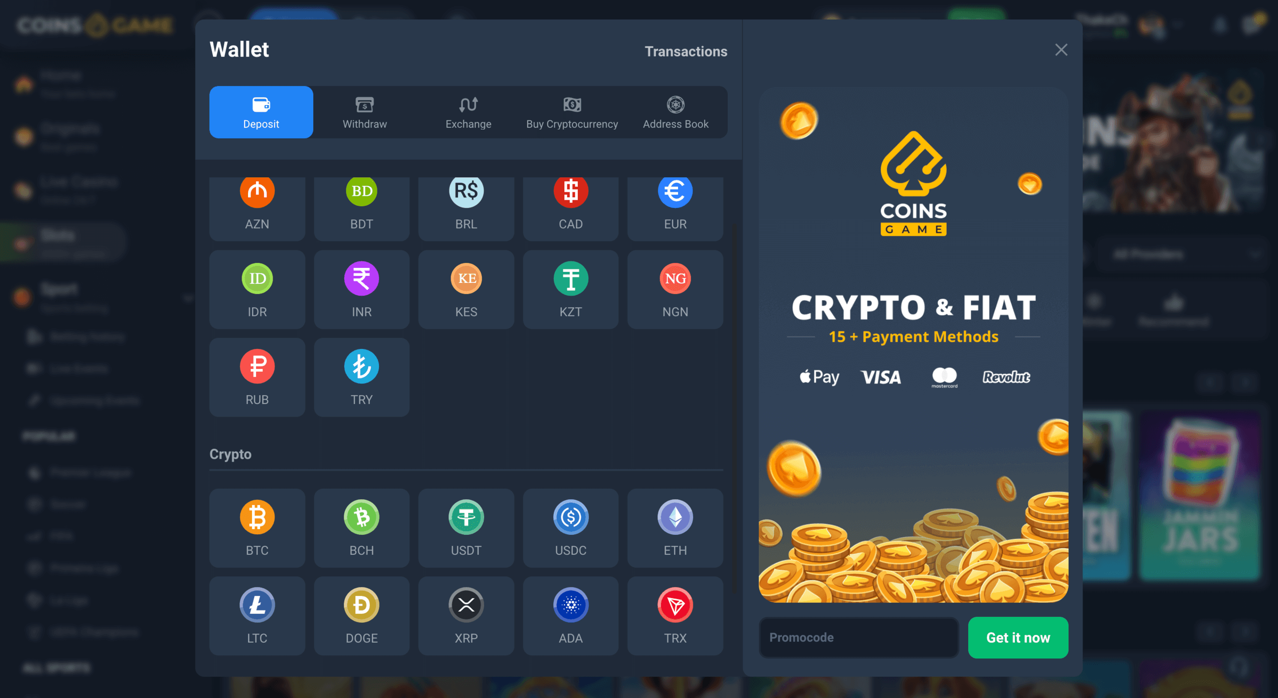 Coins.Game Casino Accepted Cryptocurrencies Fiat Money