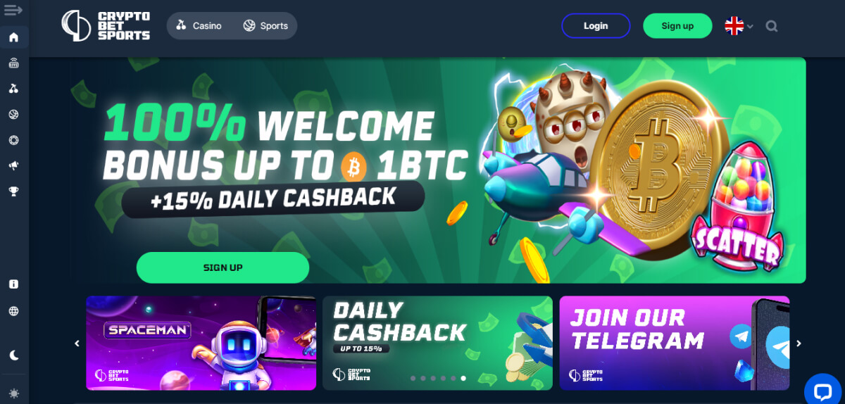 CryptoBetSports Casino Welcome Screen and Bonus