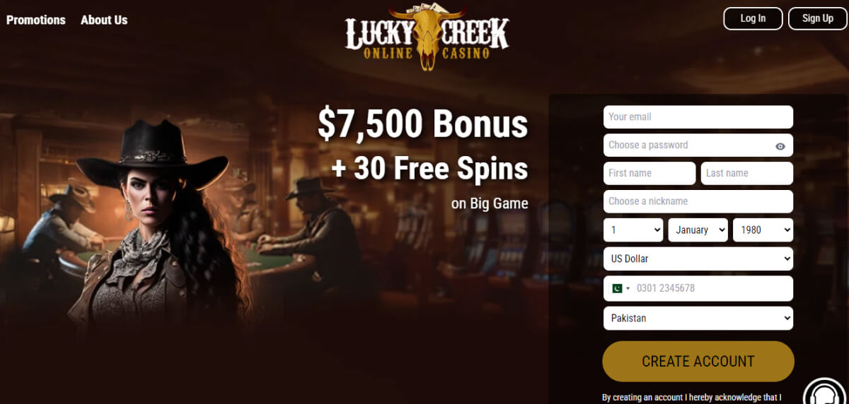 Lucky Creek Casino Welcome Screen