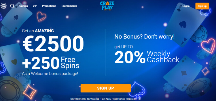 CrazePlay Casino Review - Home Page